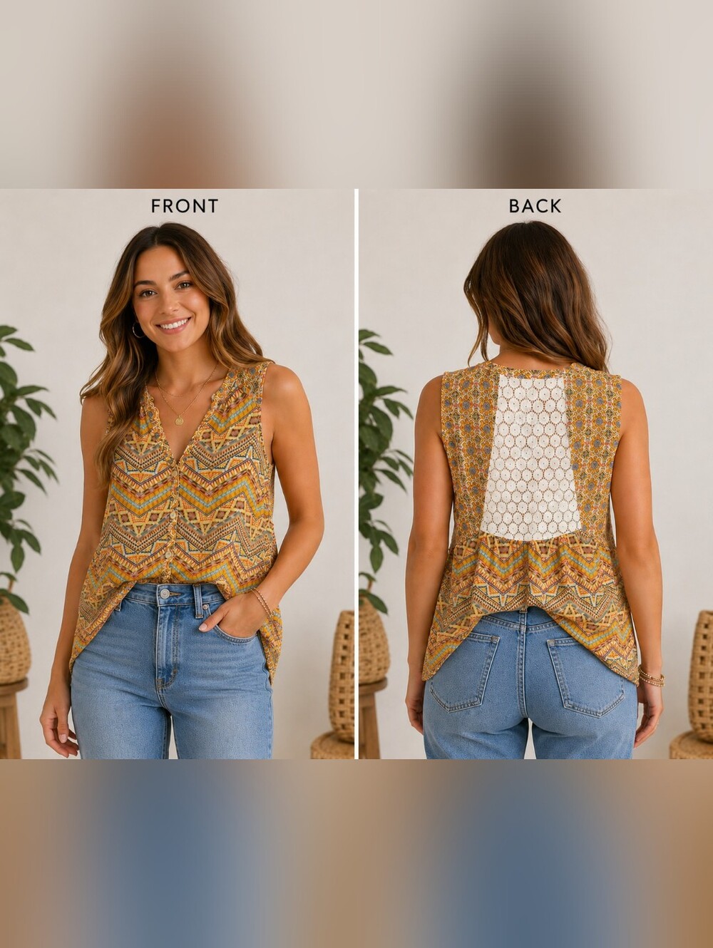 Fig & Flower Boho Sleeveless Blouse – Geometric Print & Lace Back, Size M